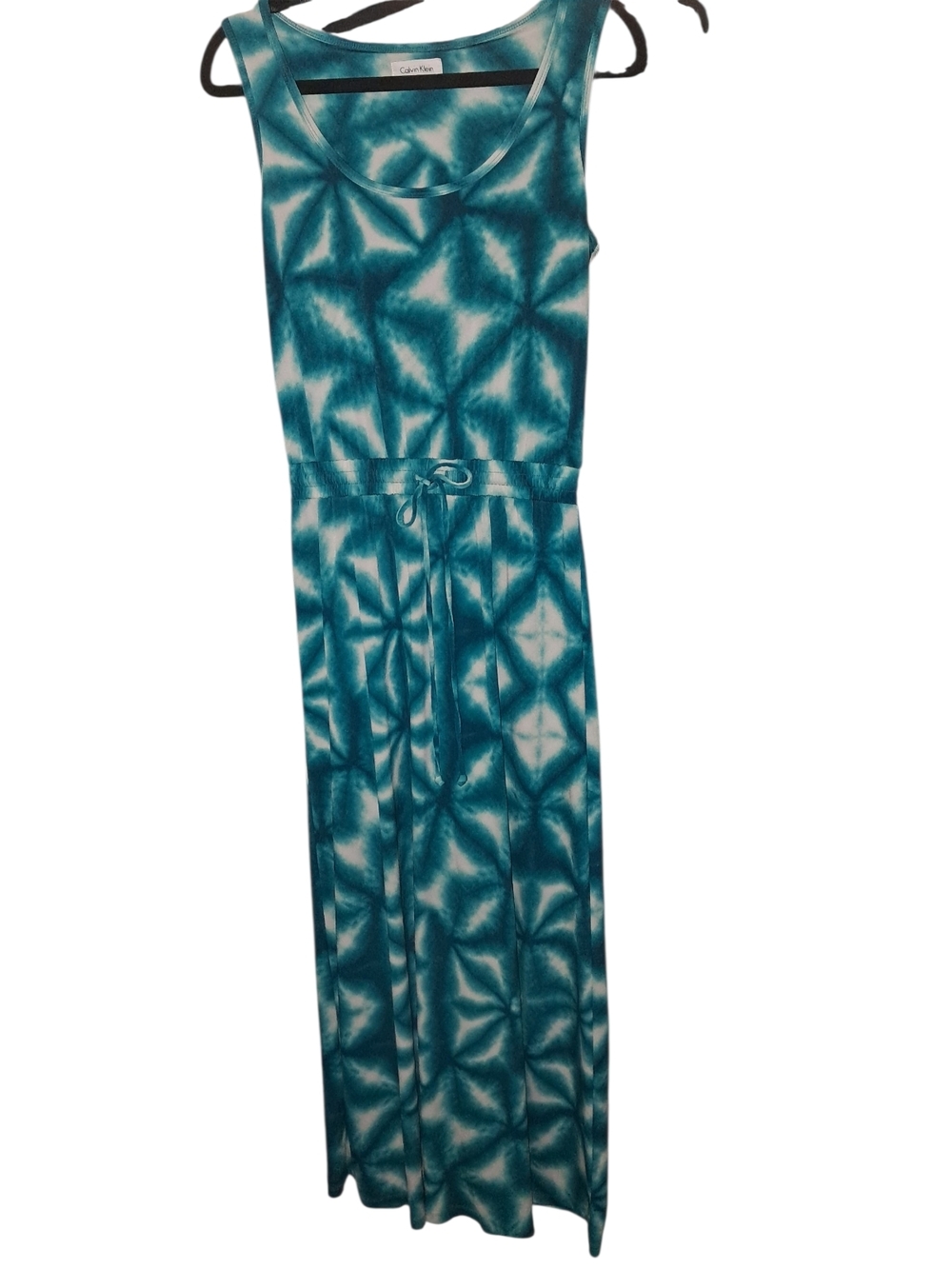 Calvin Klein Teal & White Tie-Dye Maxi Dress with Drawstring Waist